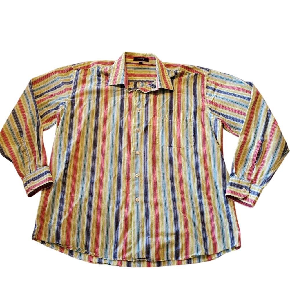 Alan Flusser Long-sleeved Button-down White Pink Blue Green Stripes XL